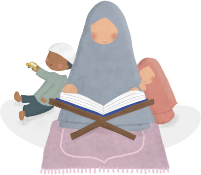 Cartoon Mother  Reading Quran with Children